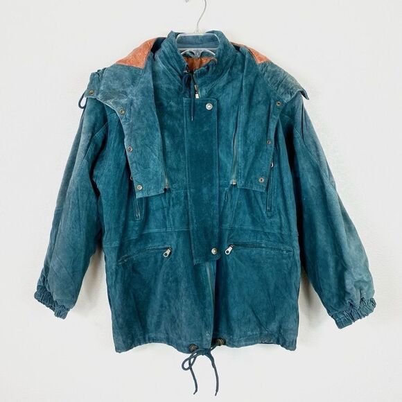 Vintage Flight Club Teal Suede Hooded Bomber Jacket - Picture 2 of 5